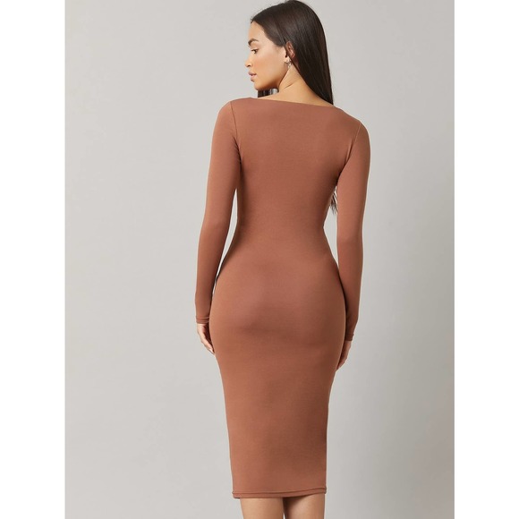 Minimalist Cotton Square Neck long sleeve Bodycon midi Dress - Picture 8 of 8